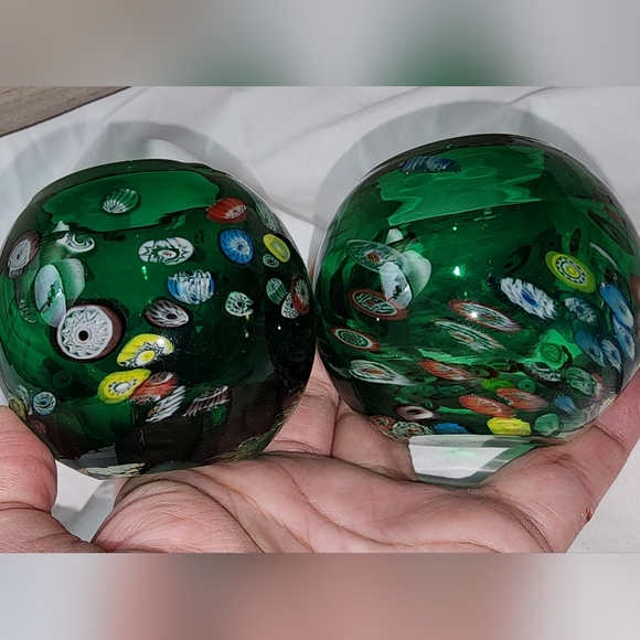 Set of 2 Vintage Blow Art Glass Millefiori Green Votives - Picture 7 of 7